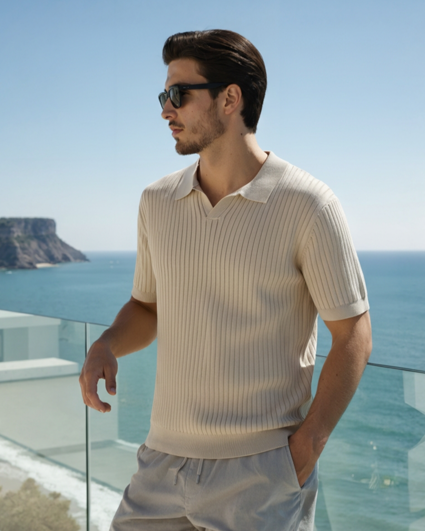 Treviso Cotton Polo beige ribbed polo shirt on-body lifestyle view Italian Design