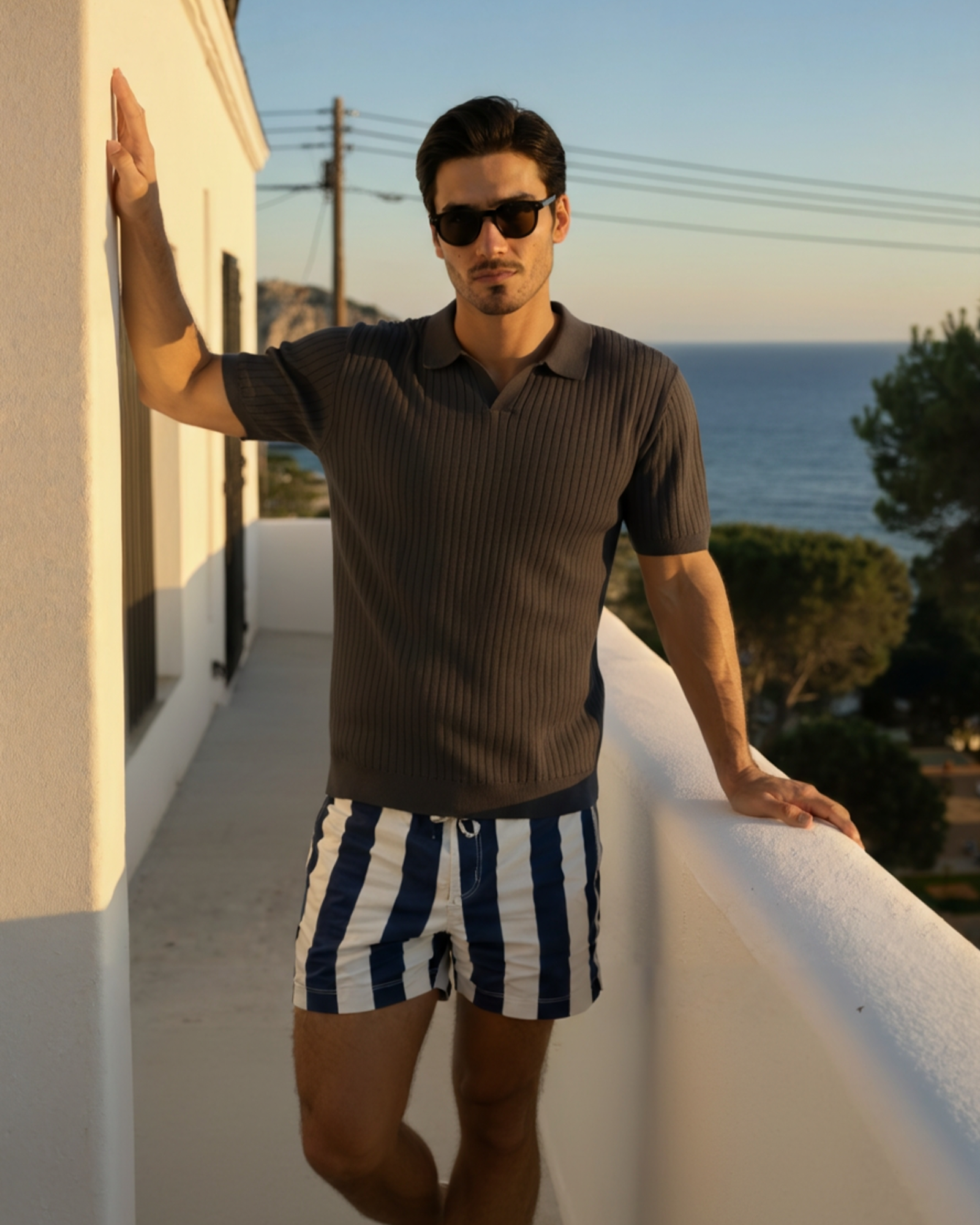 Treviso Cotton Polo ivory ribbed polo shirt on-body front view Italian Design Pianizzo