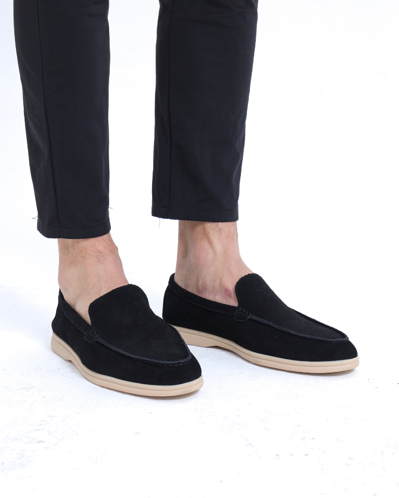 front view men's suede loafer in marine blue clean background