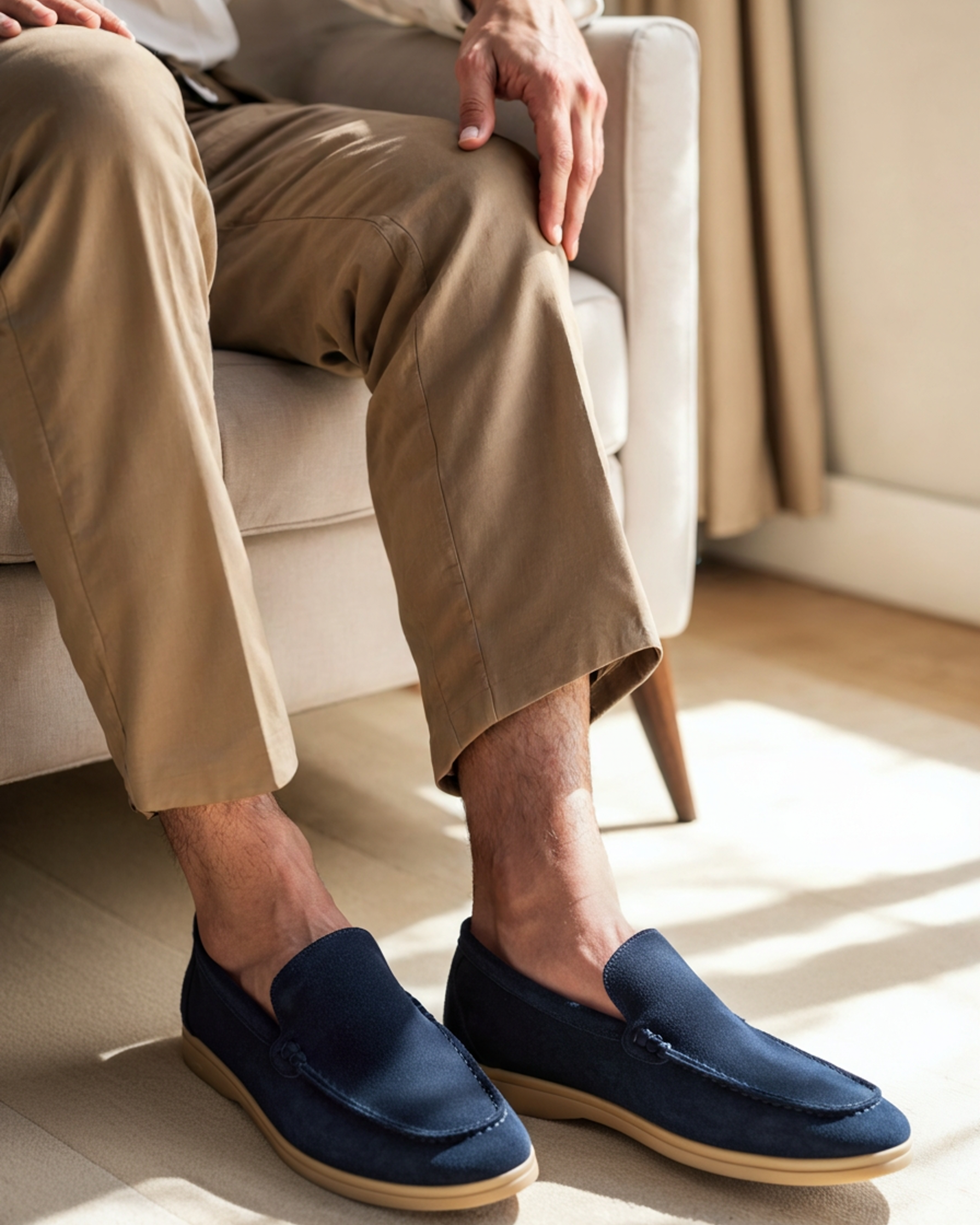 on-body men's suede loafer in caramel with tailored trouser pairing