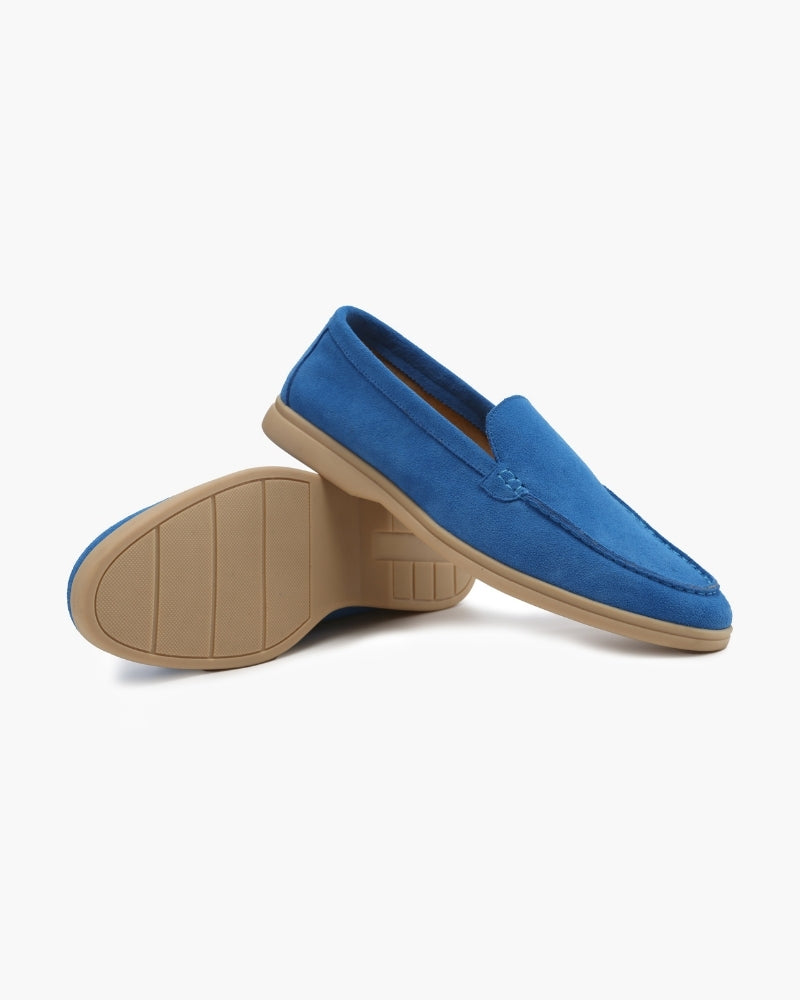 front view men's suede loafer in caramel white studio background