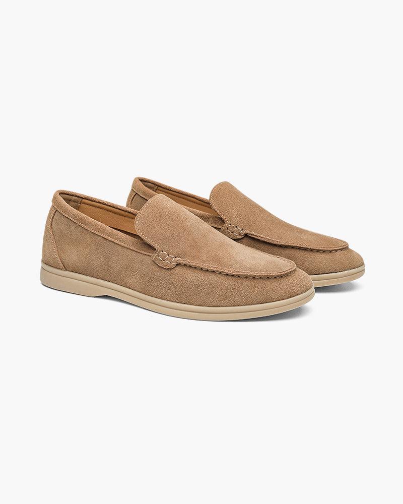 front view men's suede loafer in caramel studio lighting