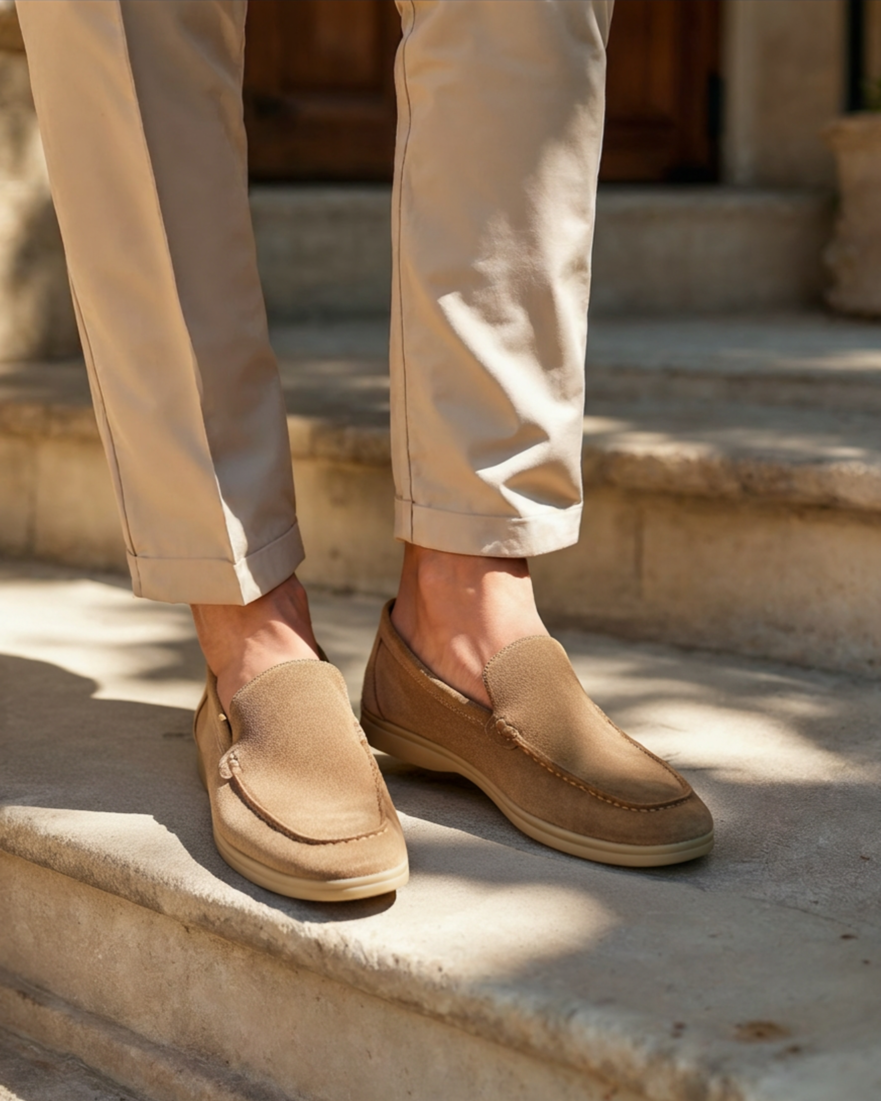top view men's suede loafer in marine blue with hand-stitched seam