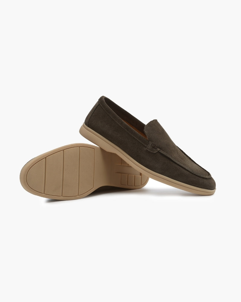 on-body side view men's suede loafer in nero editorial menswear