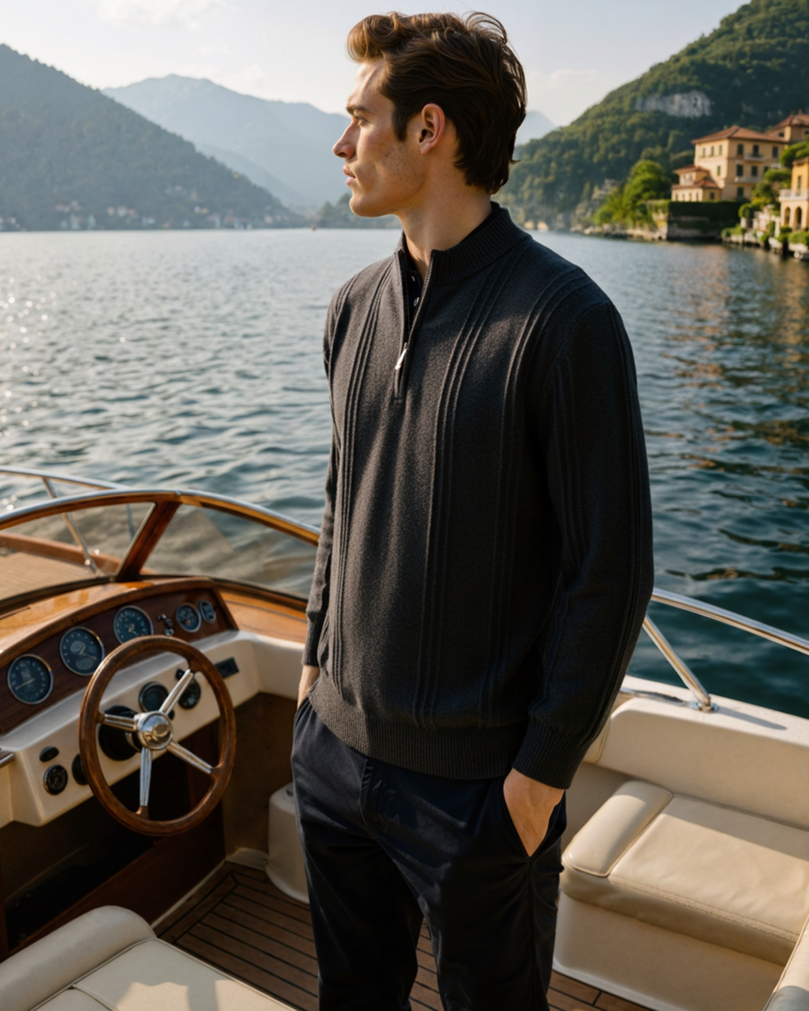 100% Cashmere Ribbed Half Zip styling view beige cashmere Italian Design