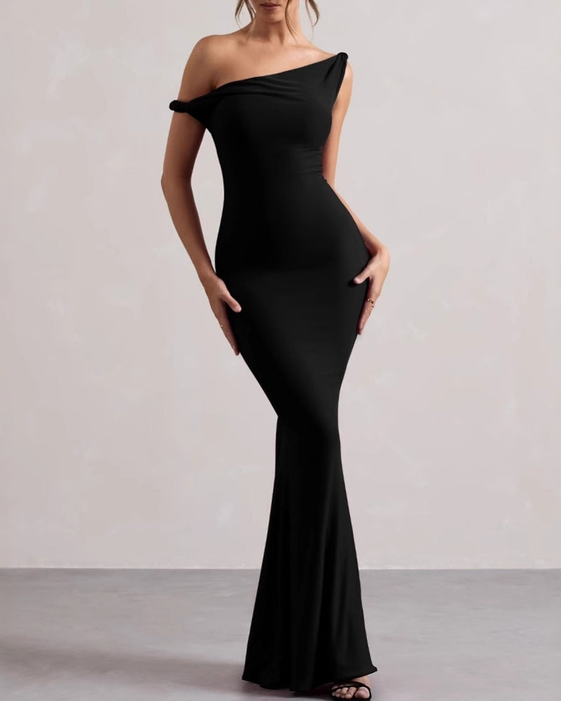 One-Shoulder Bodycon Long Dress front view black dress Italian Design