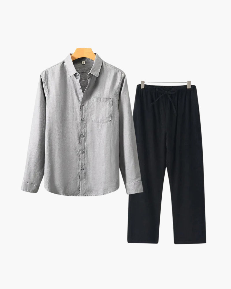 Catania Linen Set black shirt beige trouser contrast linen set editorial view