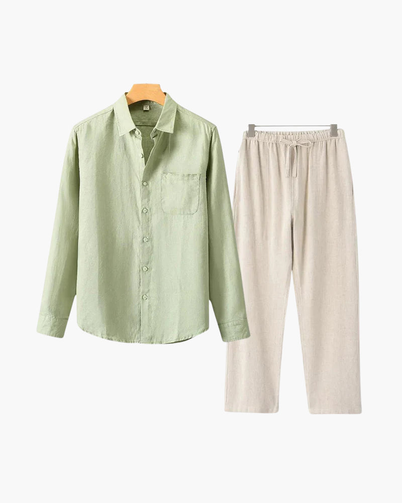 Catania Linen Set flat lay all colorways linen shirt and trouser set Pianizzo