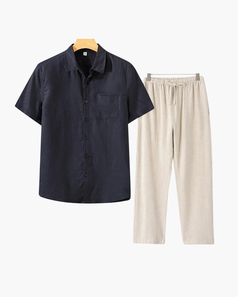 Marsala Linen Set close-up linen texture shirt cuff and trouser seam construction