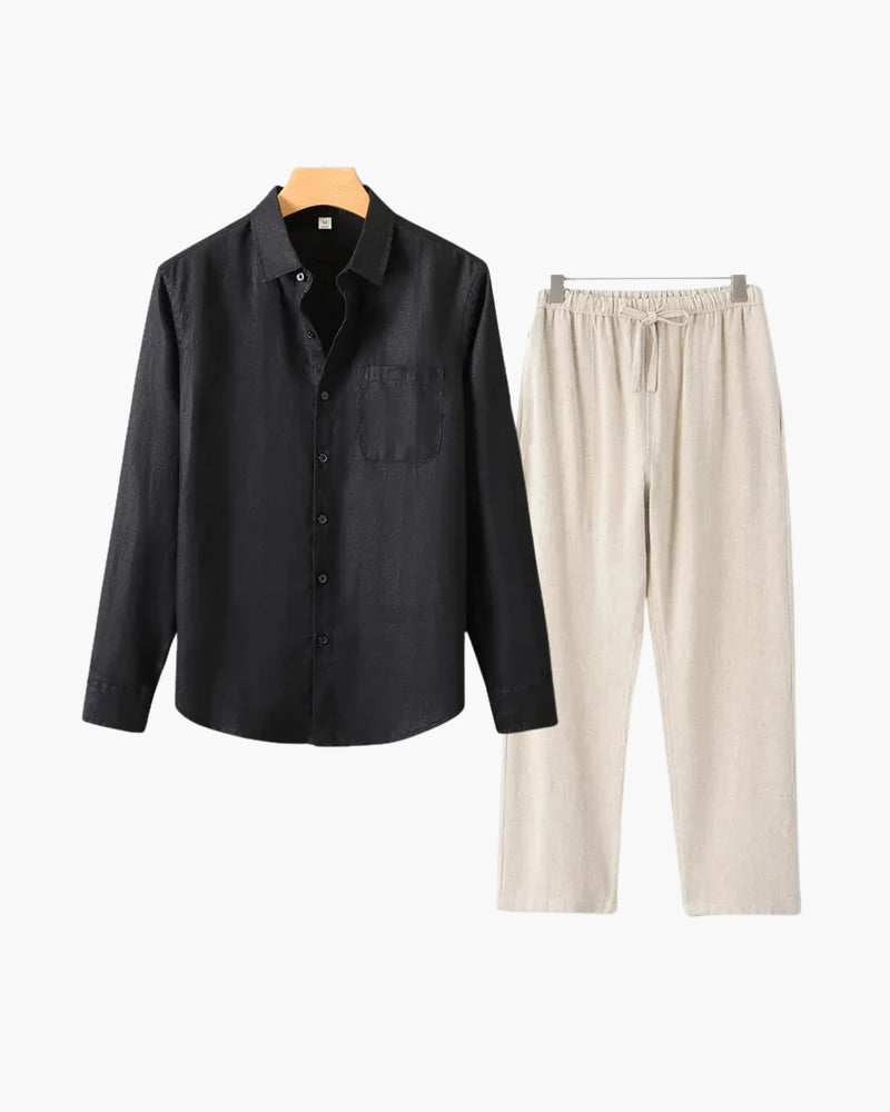 Catania Linen Set back view long sleeve linen shirt and trouser matched construction