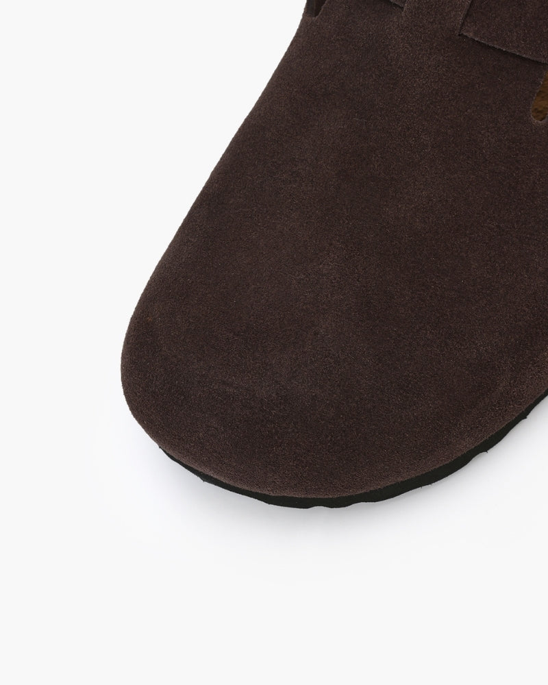 Procida Suede Clog on-body angled view brown suede casual menswear