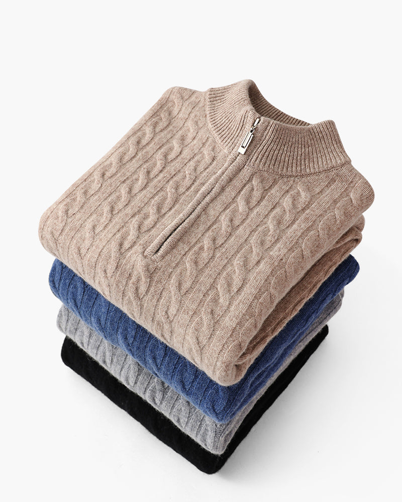 Foto do Suéter Bellagio da Pianizzo em 100% cashmere com half zip, gola alta e acabamento refinado