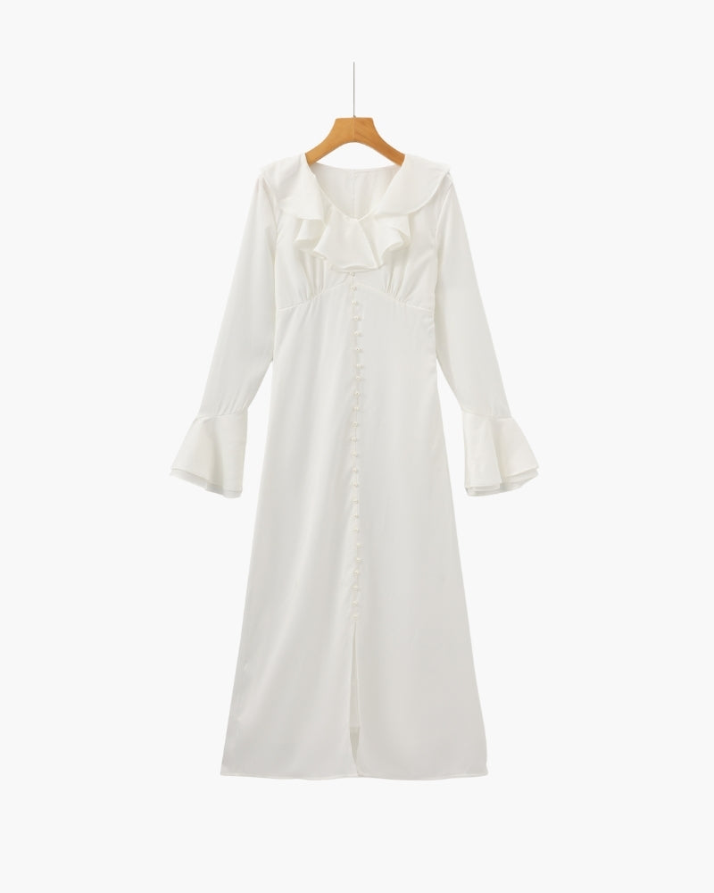 Pearl Button Ruffle Midi Dress on-body view dress Italian Design