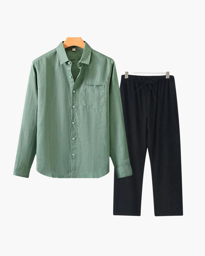 Catania Linen Set on-body view beige long sleeve linen shirt and trouser coordinated set