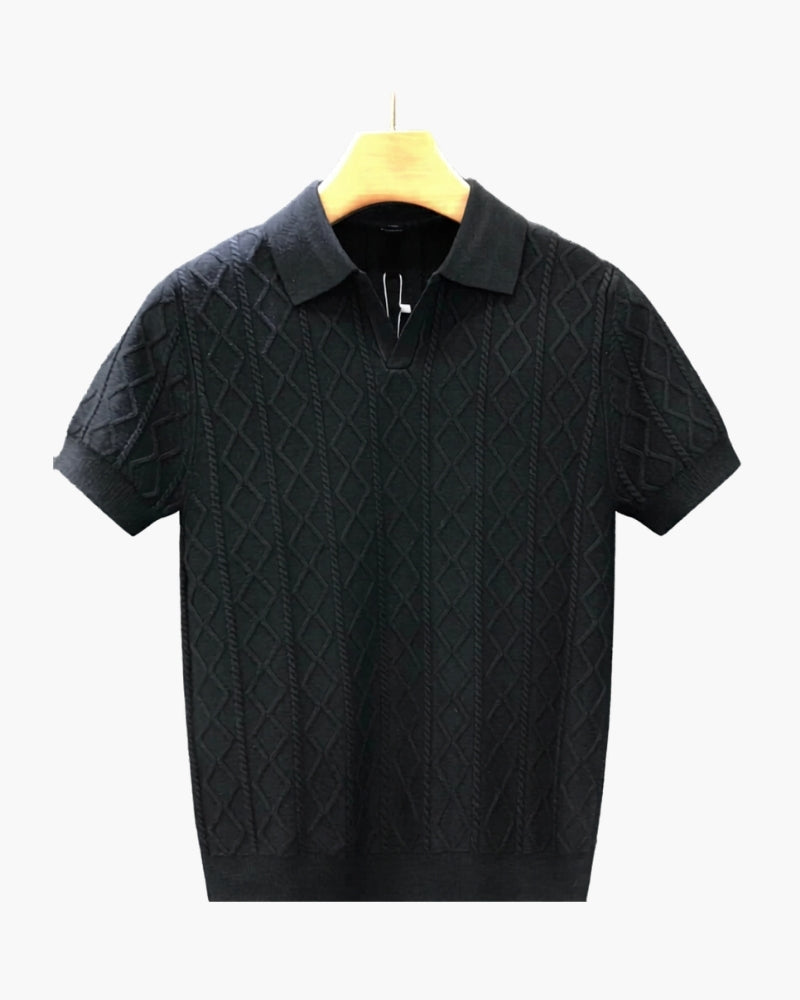 Signature Textured Knit Polo on-body view white polo shirt Italian Design