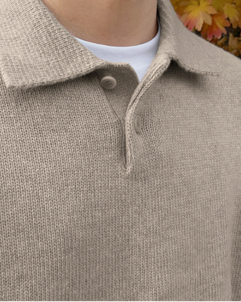 Trento Wool Sweater on-body view blue wool sweater button placket Italian Design