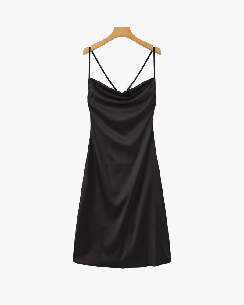 Old Money Silk Slip Dress on-body view black dress Italian Design