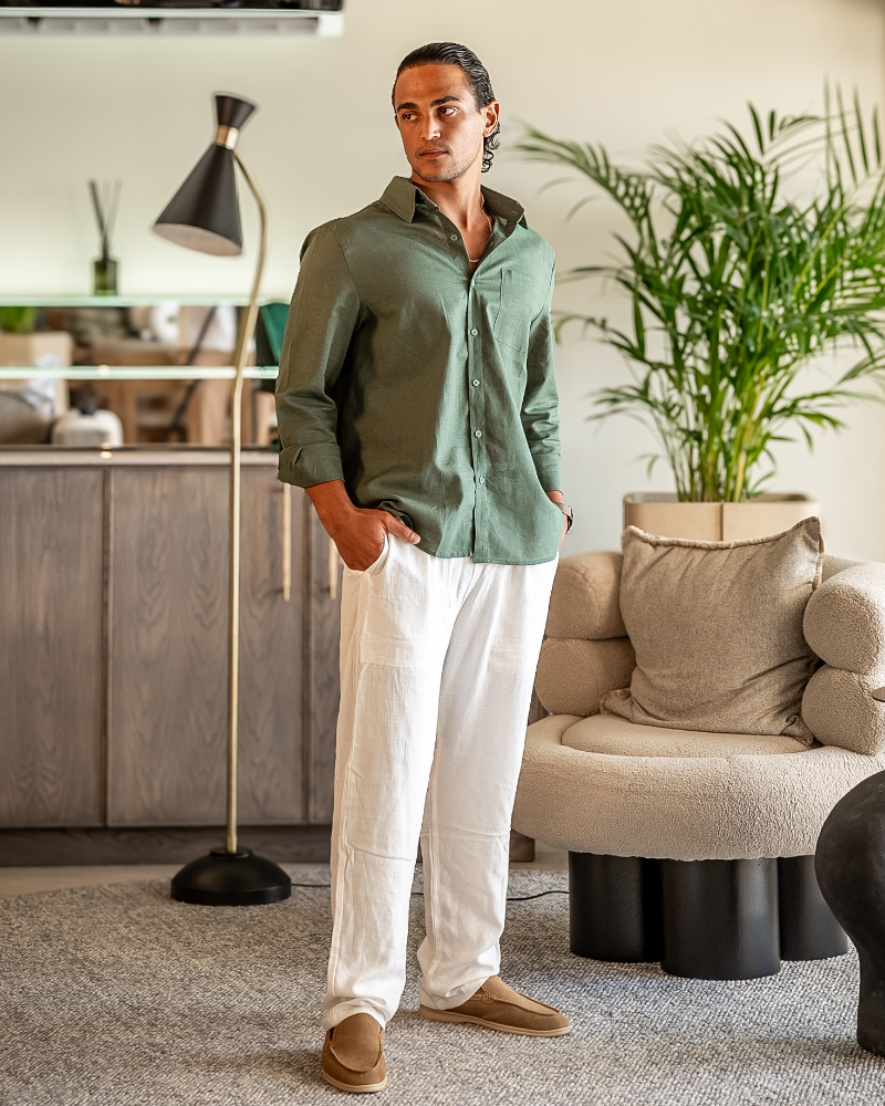 Catania Linen Set front view green long sleeve linen shirt beige linen trouser set