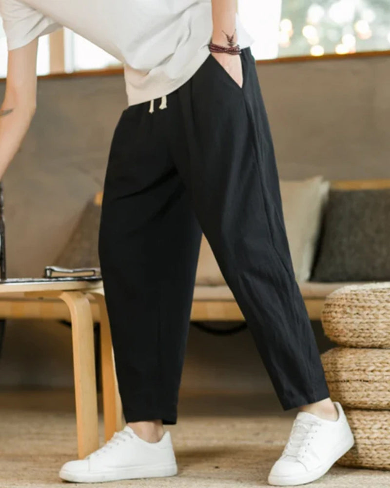 Siena Cotton Trouser on-body view beige cotton relaxed fit smart casual