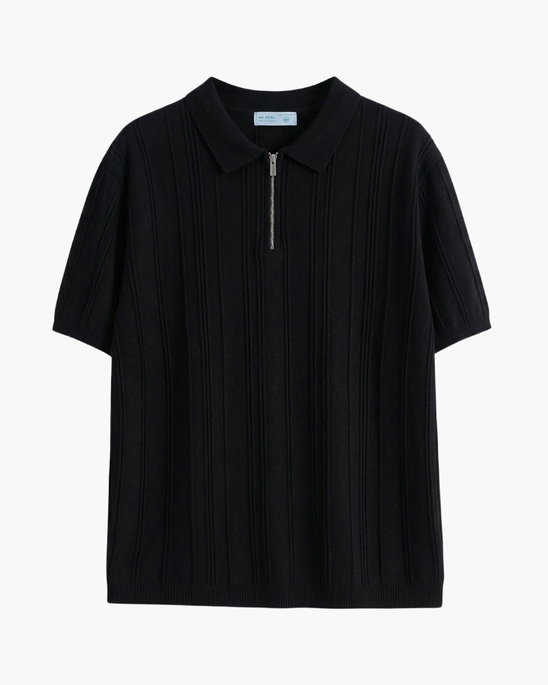 Signature Zip-Up Polo front view black polo shirt Italian Design