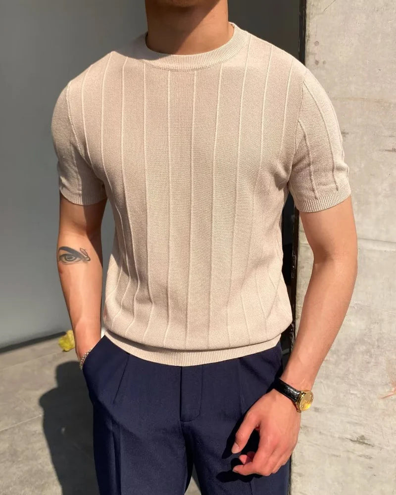 Vicenza Linen Tee on-body view beige ribbed linen tee relaxed fit editorial