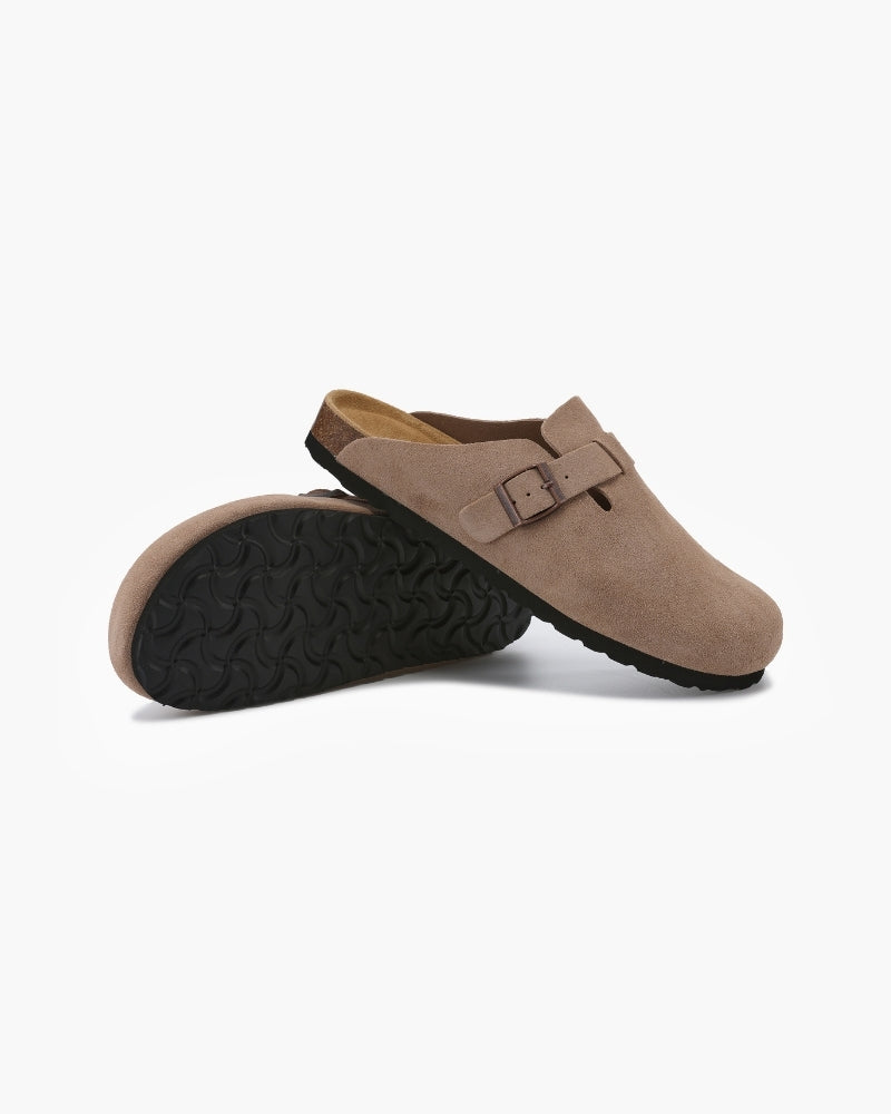 Procida Suede Clog on-body view brown suede open-back editorial