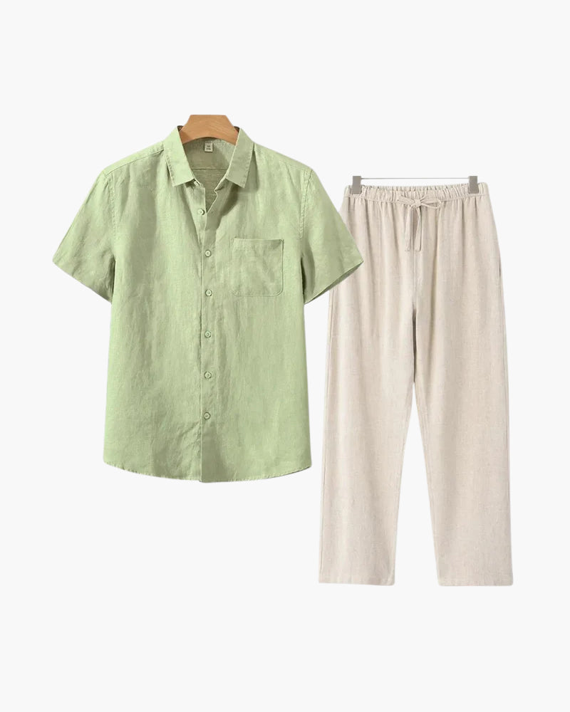 Marsala Linen Set mint green short sleeve linen shirt beige trouser coordinated set