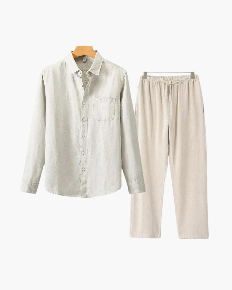 Catania Linen Set blue linen shirt beige trouser set editorial outdoor styling