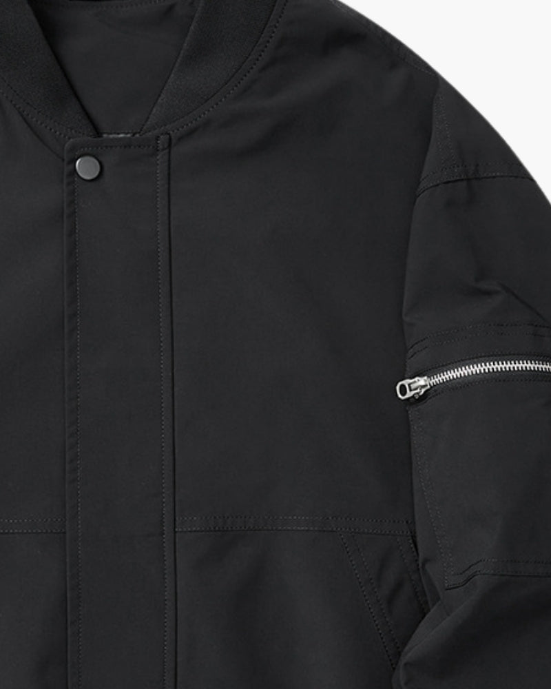Minimalist Bomber Jacket editorial view black outerwear Italian Design