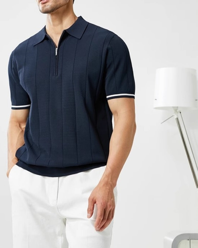 Signature Contrast Trim Polo detail view navy polo shirt Italian Design