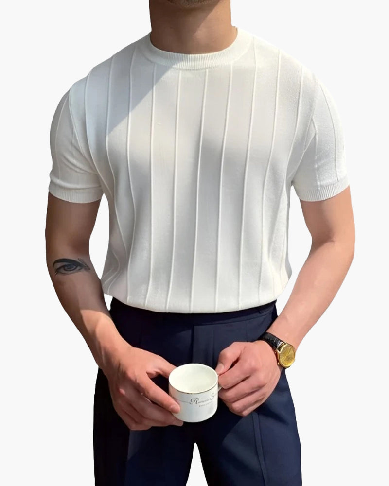 Vicenza Linen Tee black ribbed crewneck linen tee on-body view Italian Design