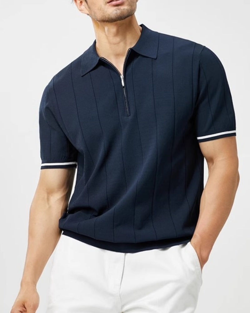 Signature Contrast Trim Polo side profile navy polo shirt Italian Design