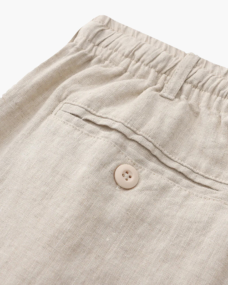 Ischia Linen Shorts blue linen shorts on-body editorial natural light outdoor
