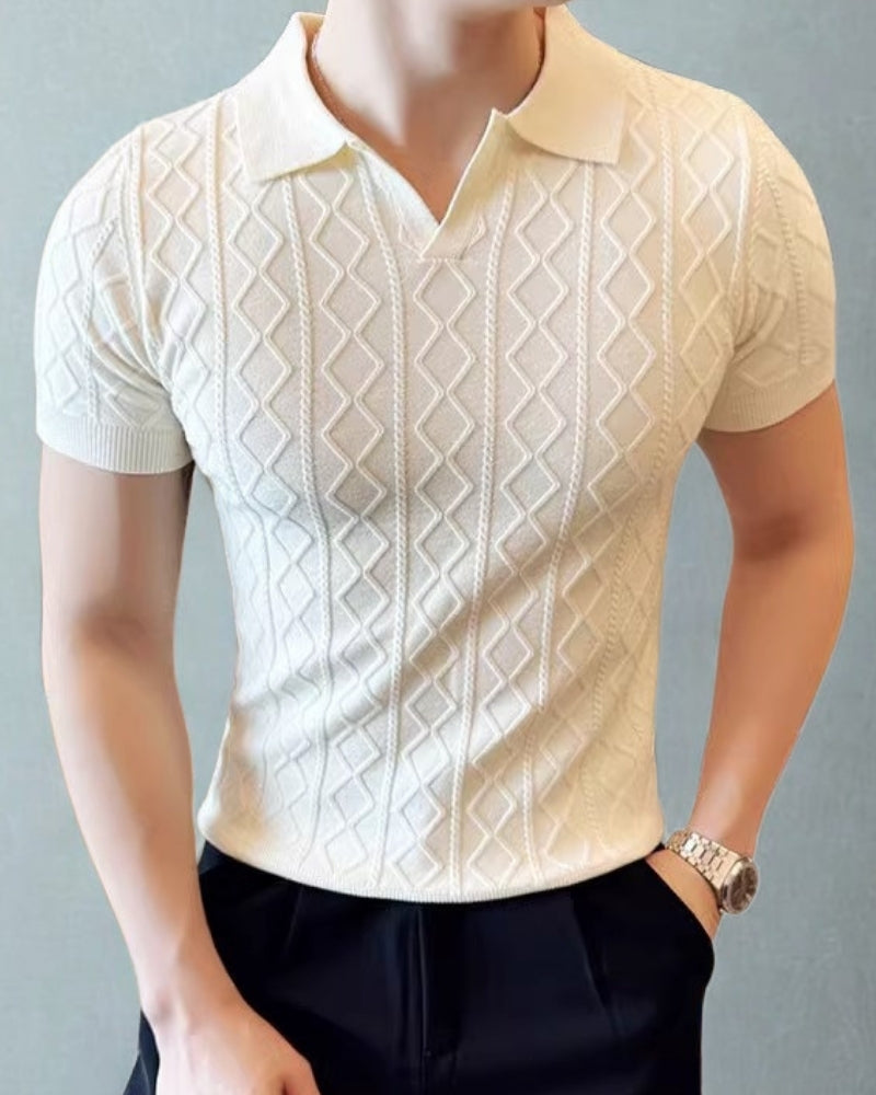 Signature Textured Knit Polo front view white polo shirt Italian Design