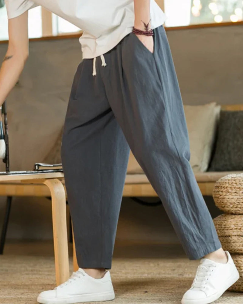 Siena Cotton Trouser on-body view black cotton straight leg Italian Design