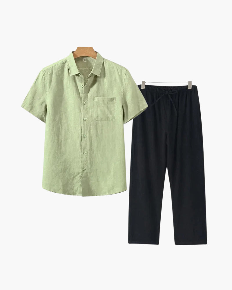 Marsala Linen Set green short sleeve linen shirt and trouser front view editorial