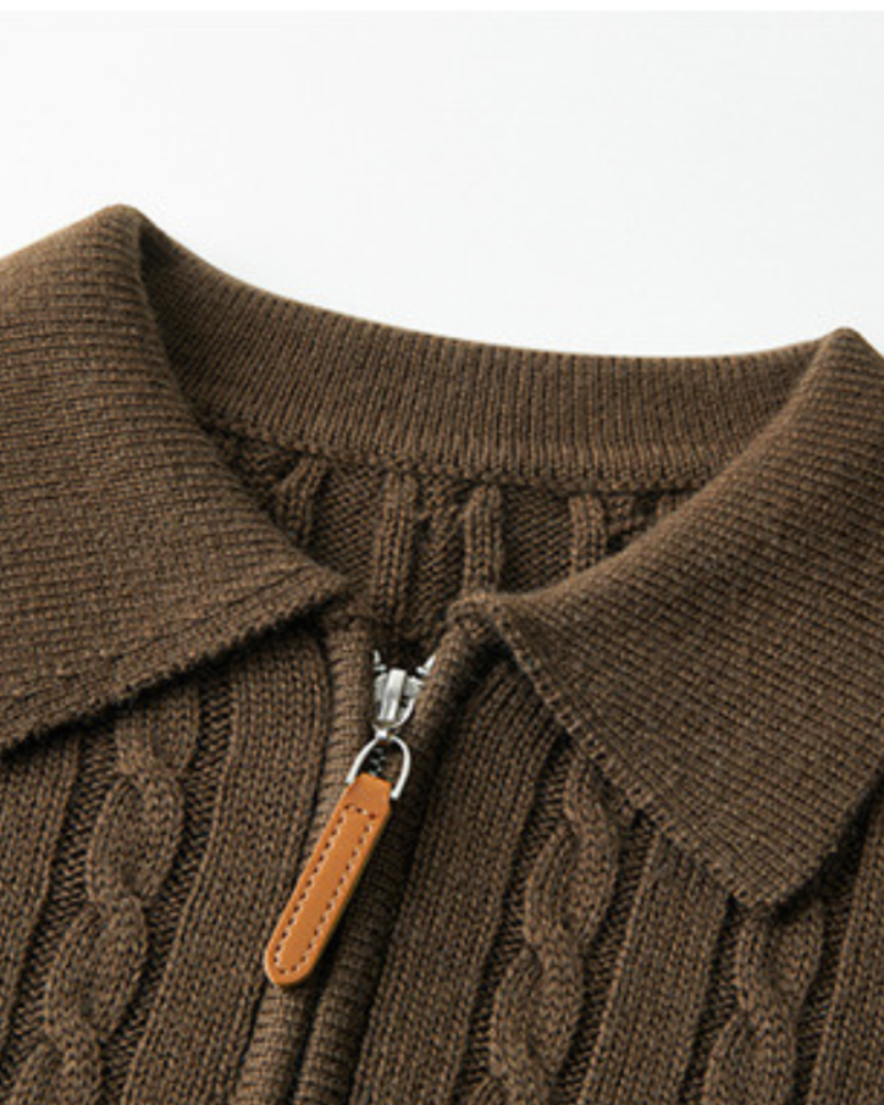 100% Premium Wool Zip Up on-body view brown premium wool Italian Design