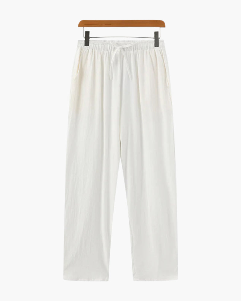Palermo Linen Trouser front view gray linen straight leg studio background