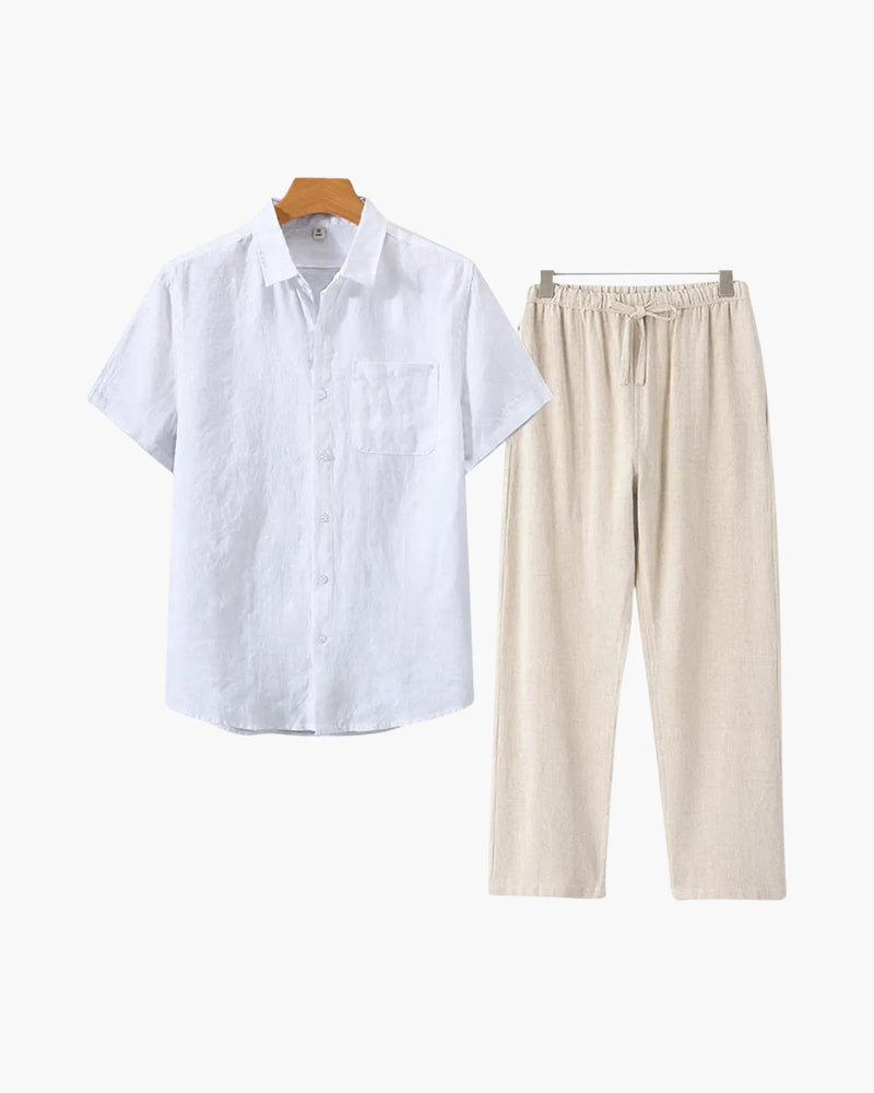 Marsala Linen Set on-body view green linen set breathable construction outdoor