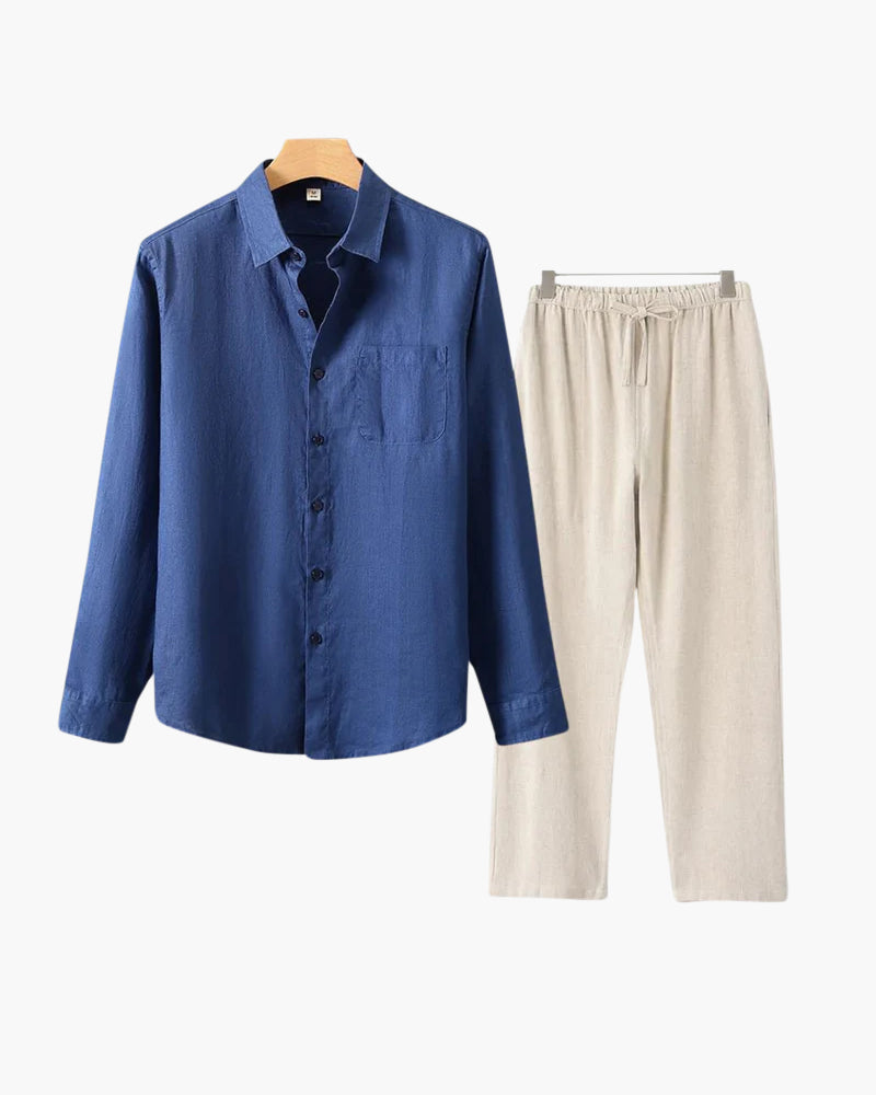 Catania Linen Set on-body view white long sleeve shirt coordinated trouser Pianizzo