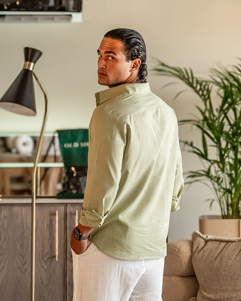 Genova Linen Shirt on-body front view black linen Italian Design minimal