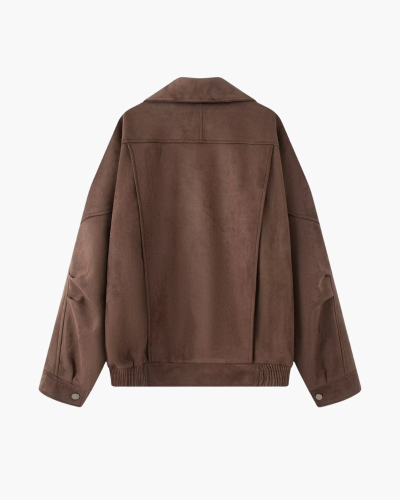 Vintage Suede Drape Jacket lifestyle view dark brown suede Italian Design