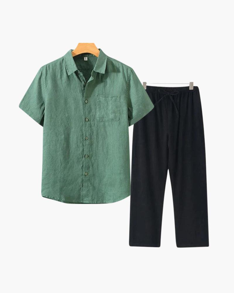 Marsala Linen Set detail view button-front placket short sleeve collar construction