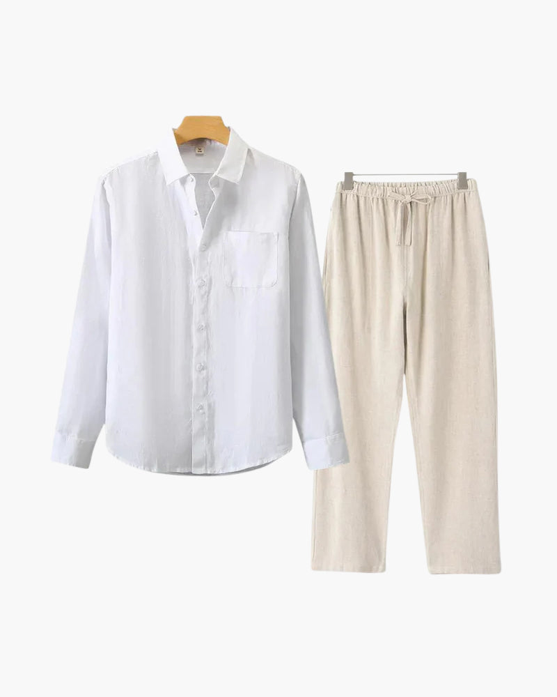 Catania Linen Set on-body view mint green shirt and trouser breathable linen construction