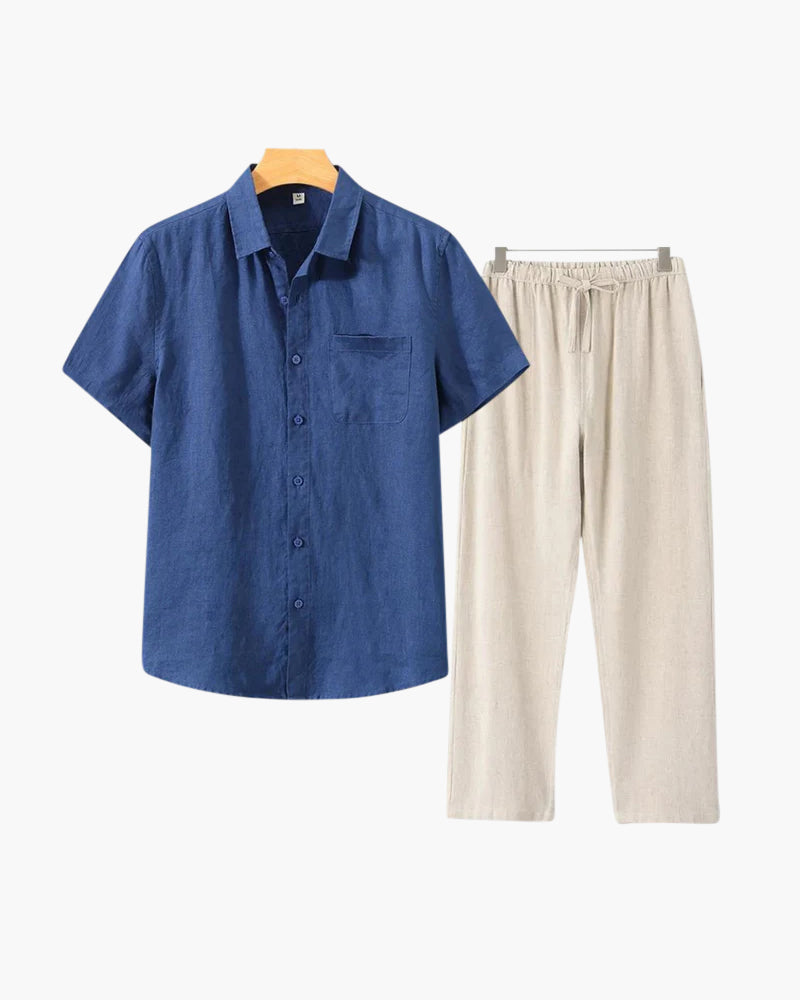 Marsala Linen Set on-body view beige short sleeve linen set smart casual editorial