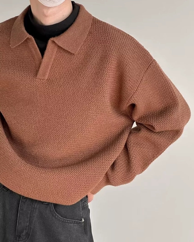 Textured Knit Polo Sweater detail view black knitwear Italian Design