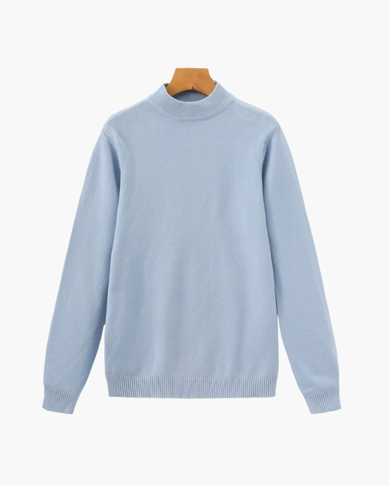 Essential Ribbed Mock Neck Sweater editorial view sky blue knitwear Italian Design