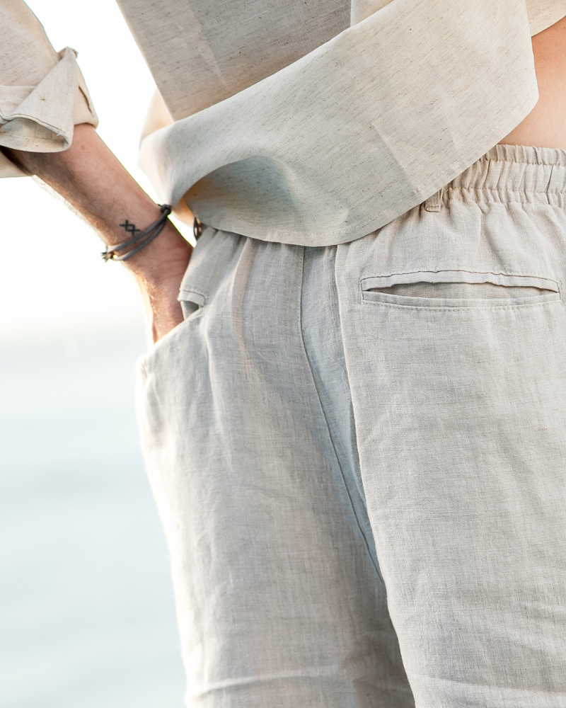 Ischia Linen Shorts gray linen shorts front view relaxed straight cut construction