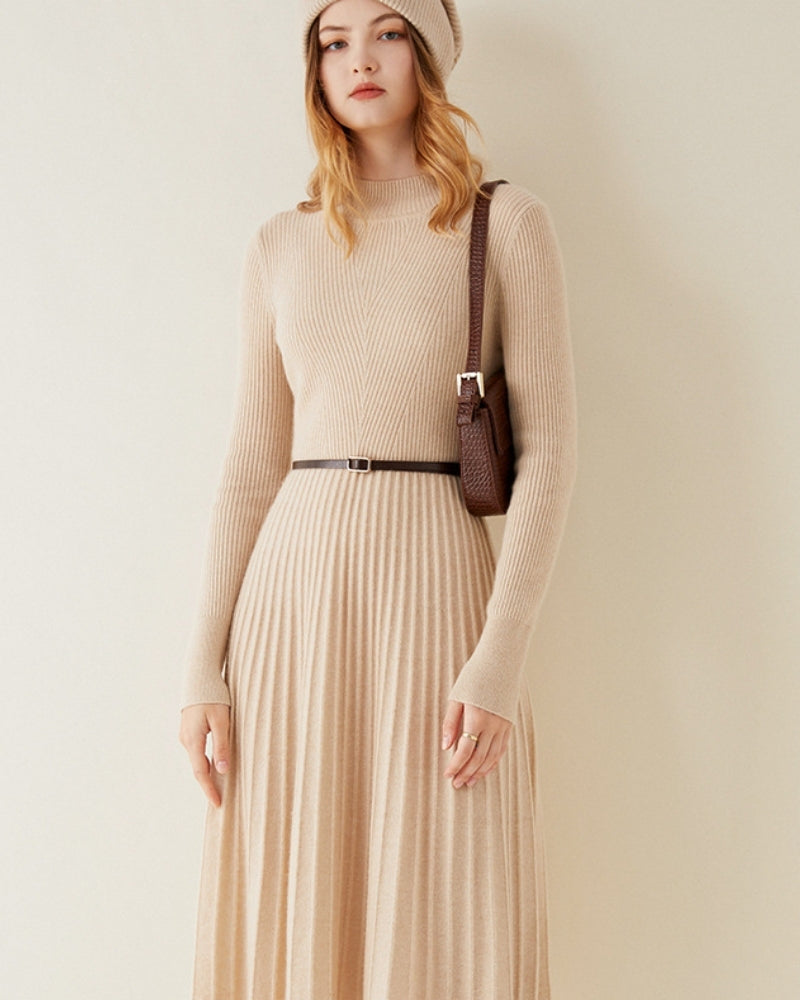 Pure Cashmere Flare Dress front view beige cashmere Italian Design