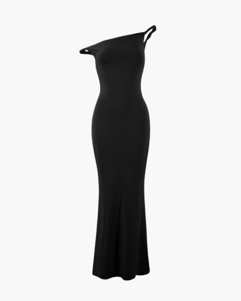One-Shoulder Bodycon Long Dress on-body view black dress Italian Design